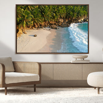 82312665-MGV-FC-36X24_Walnut-Tropical Beach Wall Art Canvas Print, Framed Ocean Waves Art Picture Print, Palm Trees Perfect Coastal Minimalist Decor Artwork