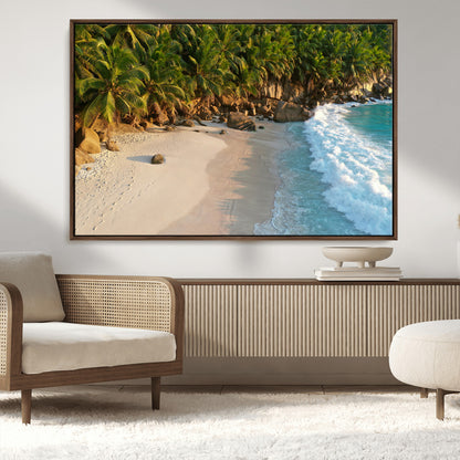 82312665-MGV-FC-36X24_Walnut-Tropical Beach Wall Art Canvas Print, Framed Ocean Waves Art Picture Print, Palm Trees Perfect Coastal Minimalist Decor Artwork