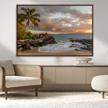 55108220-MGV-CV-36X24-Tropical Beach Wall Art Canvas Print, Framed Hawaiian Sunset Art Picture Print, Ocean Waves Perfect Coastal Tropical Decor Artwork