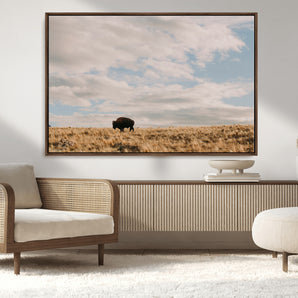 22754563-MGV-CV-36X24-Earthy Tones Wall Art Canvas Print, Framed Rustic Nature Art Picture Print, Solitary Buffalo Perfect Western Minimalist Decor