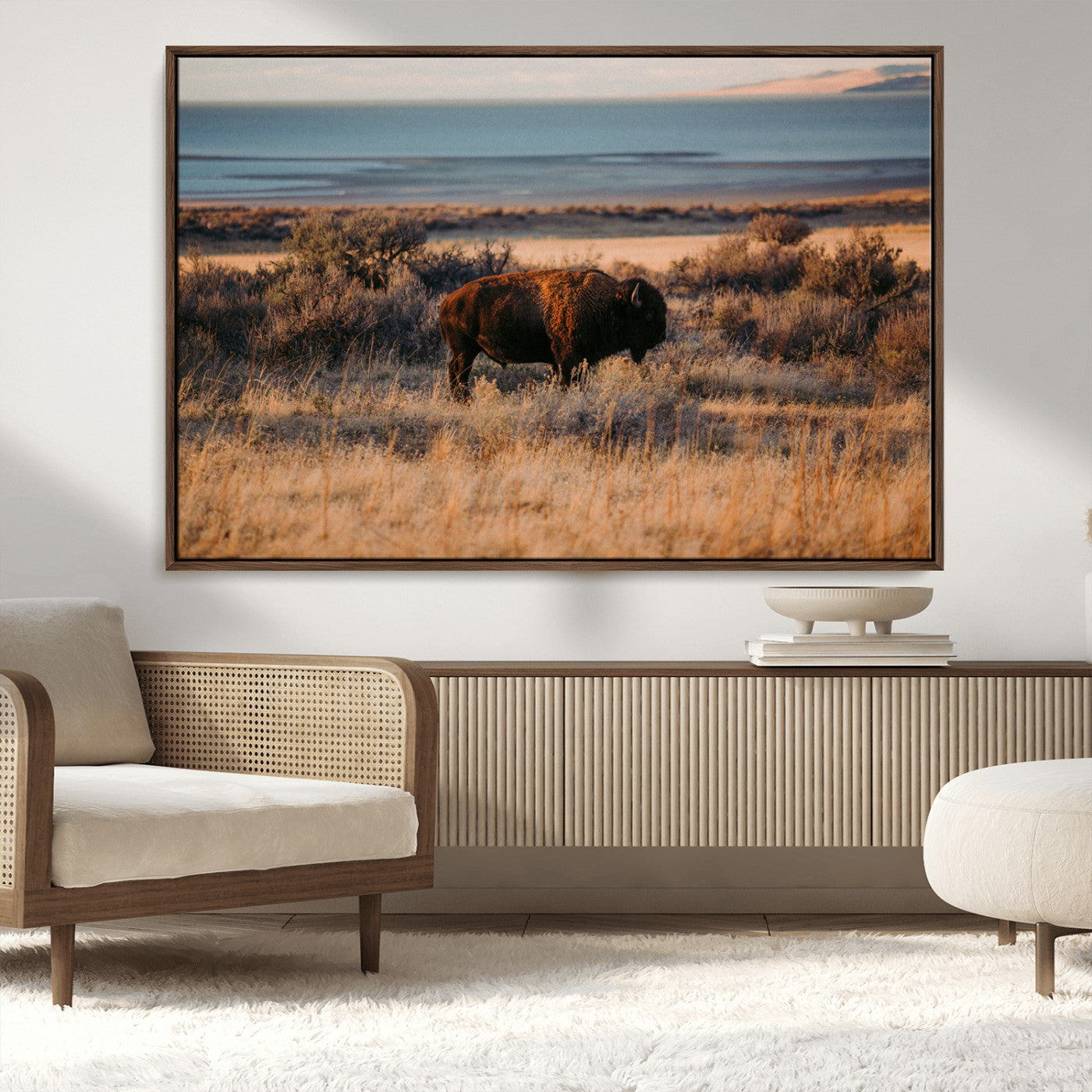 39509187-MGV-CV-36X24-Western Wildlife Wall Art Canvas Print, Framed Bison Art Picture Print, Golden Hour Perfect Western Rustic Decor Artwork