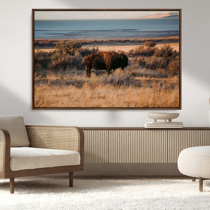 39509187-MGV-CV-36X24-Western Wildlife Wall Art Canvas Print, Framed Bison Art Picture Print, Golden Hour Perfect Western Rustic Decor Artwork