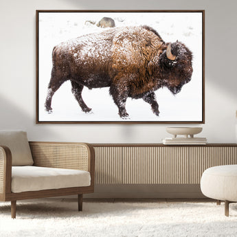 94261165-MGV-FC-36X24_Walnut-Snowy Buffalo Wall Art Canvas Print, Framed Wildlife Photography Art Picture Print, Brown Tones Perfect Rustic Lodge Decor Decor
