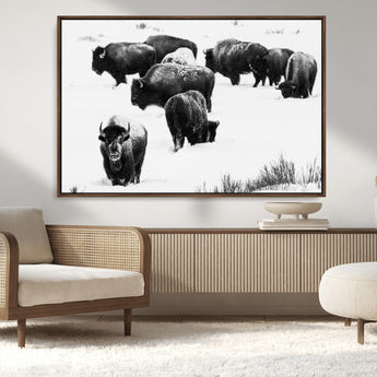 18914414-MGV-CV-36X24-Buffalo Herd Wall Art Canvas Print, Framed Black and White Art Picture Print, Snowy Landscape Perfect Rustic Lodge Decor Decor