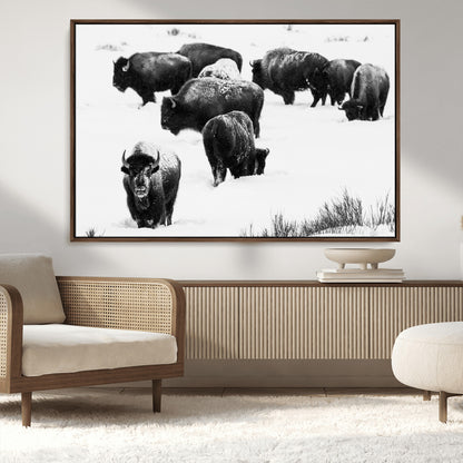 18914414-MGV-CV-36X24-Buffalo Herd Wall Art Canvas Print, Framed Black and White Art Picture Print, Snowy Landscape Perfect Rustic Lodge Decor Decor