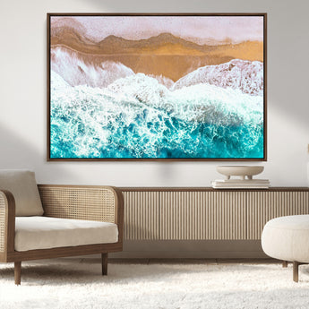 26870666-MGV-CV-36X24-Aerial Beach Wall Art Canvas Print, Framed Ocean Waves Art Picture Print, Coastal Landscape Perfect Coastal Minimalist Decor