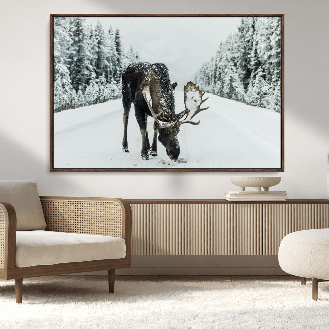 13316292-MGV-CV-36X24-Moose in Snow Wall Art Canvas Print, Framed Winter Wildlife Art Picture Print, Snowy Forest Scene Perfect Rustic Lodge Decor