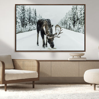 13316292-MGV-CV-36X24-Moose in Snow Wall Art Canvas Print, Framed Winter Wildlife Art Picture Print, Snowy Forest Scene Perfect Rustic Lodge Decor