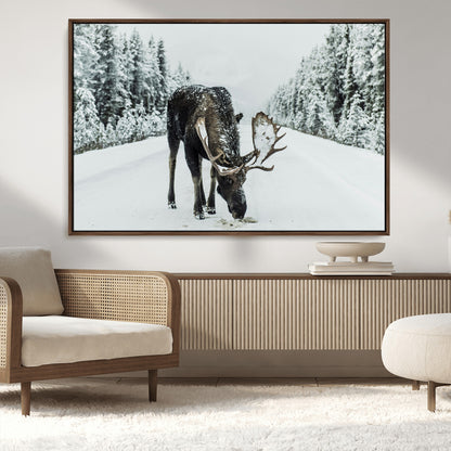 13316292-MGV-CV-36X24-Moose in Snow Wall Art Canvas Print, Framed Winter Wildlife Art Picture Print, Snowy Forest Scene Perfect Rustic Lodge Decor