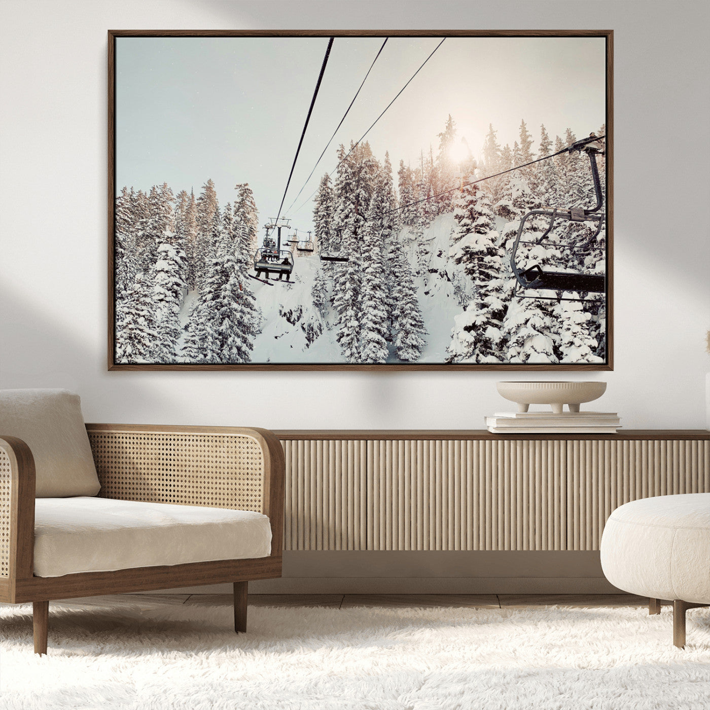 91534512-MGV-CV-36X24-Frosty Pines Wall Art Canvas Print, Framed Cozy Cabin View Art Picture Print, Ski Lift Ride Perfect Rustic Lodge Decor Artwork