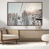 91534512-MGV-CV-36X24-Frosty Pines Wall Art Canvas Print, Framed Cozy Cabin View Art Picture Print, Ski Lift Ride Perfect Rustic Lodge Decor Artwork