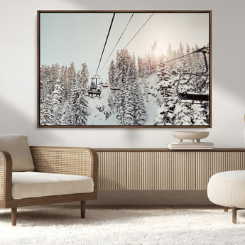 91534512-MGV-CV-36X24-Frosty Pines Wall Art Canvas Print, Framed Cozy Cabin View Art Picture Print, Ski Lift Ride Perfect Rustic Lodge Decor Artwork