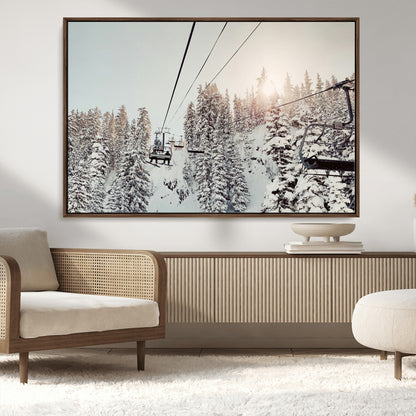 91534512-MGV-CV-36X24-Frosty Pines Wall Art Canvas Print, Framed Cozy Cabin View Art Picture Print, Ski Lift Ride Perfect Rustic Lodge Decor Artwork