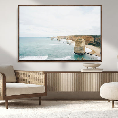 70095633-MGV-FC-36X24_Walnut-Twelve Apostles Wall Art Canvas Print, Framed Coastal Cliffs Art Picture Print, Rugged Rock Formations Perfect Minimalist Coastal
