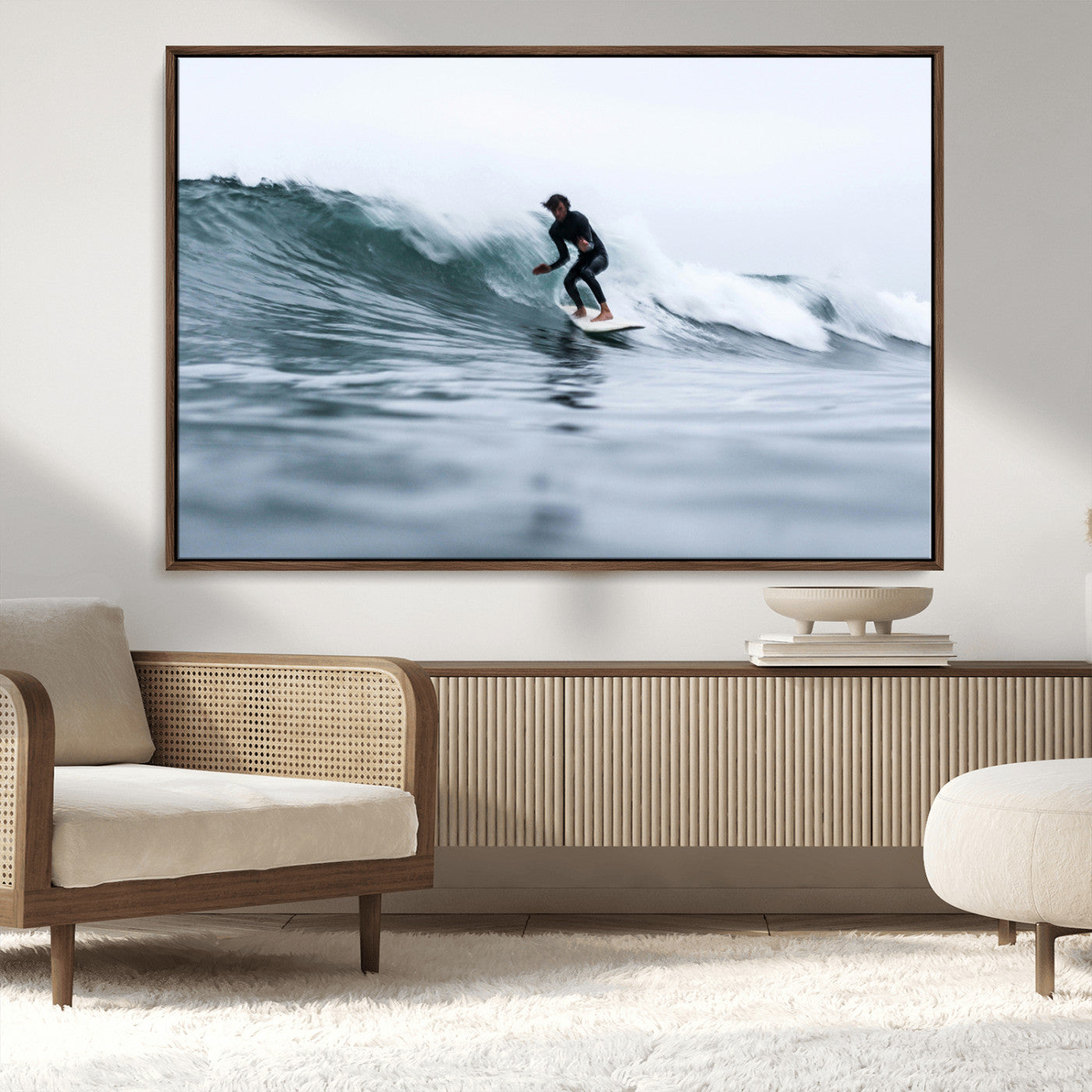 11693607-MGV-CV-36X24-Surfer on Wave Wall Art Canvas Print, Framed Ocean Adventure Art Picture Print, Motion Blur Water Perfect Coastal Adventure Decor
