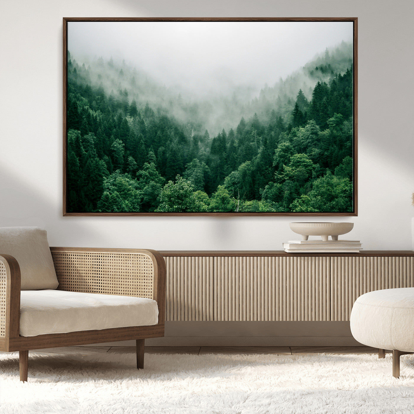 45265379-MGV-FC-36X24_Walnut-Misty Forest Wall Art – Green Mountain Pine Tree Landscape Canvas Print, Nature Photography Artwork Home Decor for Bedroom, Living