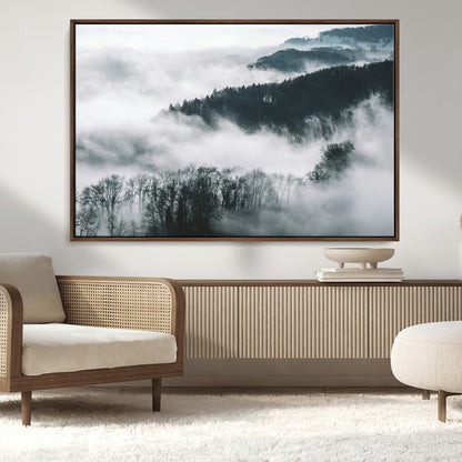67569654-MGV-CV-36X24-Foggy Forest Wall Art – Mist Covered Hills and Trees Landscape Canvas Print, Moody Nature Photography Decor for Living Room,
