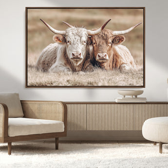 38651722-MGV-FC-36X24_Walnut-Cow Wall Art – Rustic Longhorn Pair Canvas Print, Western Farmhouse Animal Painting, Country Ranch Decor for Living Room, Bedroom,