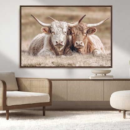 38651722-MGV-FC-36X24_Walnut-Cow Wall Art – Rustic Longhorn Pair Canvas Print, Western Farmhouse Animal Painting, Country Ranch Decor for Living Room, Bedroom,