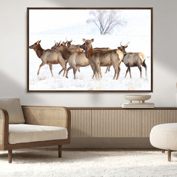 41416314-MGV-CV-36X24-Elk Wall Art – Wildlife Herd Canvas Print in Snowy Landscape, Rustic Nature Painting, Western Cabin Lodge Decor for Living Room,