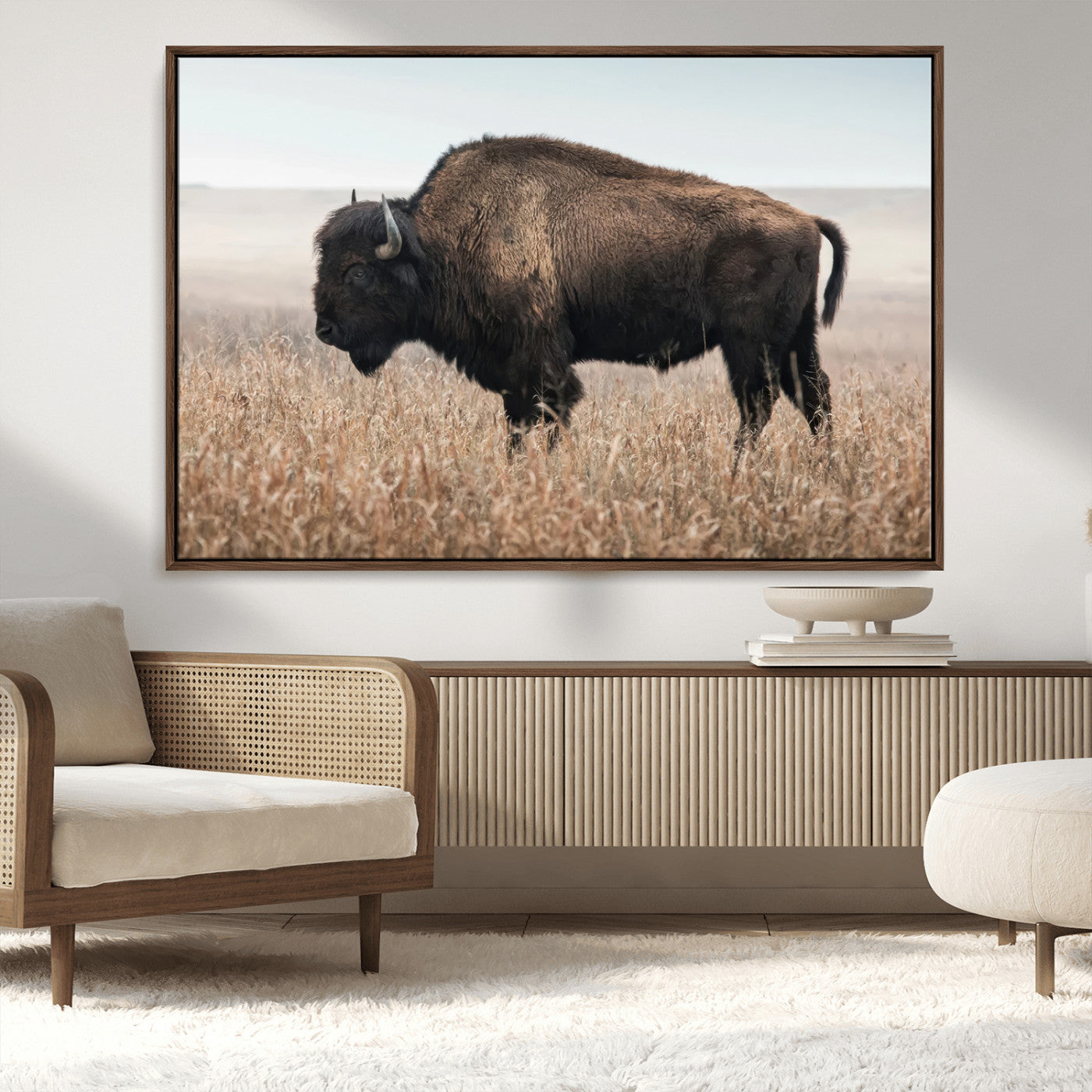 69909079-MGV-FC-36X24_Walnut-Bison Wall Art – Majestic Buffalo Canvas Print in Prairie Grasslands, Rustic Western Animal Painting, Farmhouse Ranch Decor for