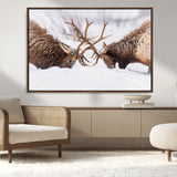 99240306-MGV-CV-36X24-Elk Wall Art – Two Bull Elk Fighting in Snow Canvas Print, Rustic Wildlife Artwork for Cabin, Lodge, Western Farmhouse, Nature &