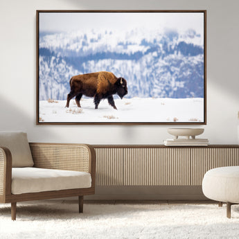 21623194-MGV-CV-36X24-Snow Bison Wall Art – Majestic Buffalo Wildlife Canvas Print, Winter Nature Décor for Rustic Living Room, Farmhouse, Cabin, Lodge
