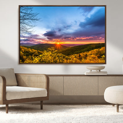 25786346-MGV-CV-36X24-Sunset Over Mountains Wall Art – Nature Landscape Canvas Print, Golden Hour Forest Photography, Scenic Sunrise Artwork for Living