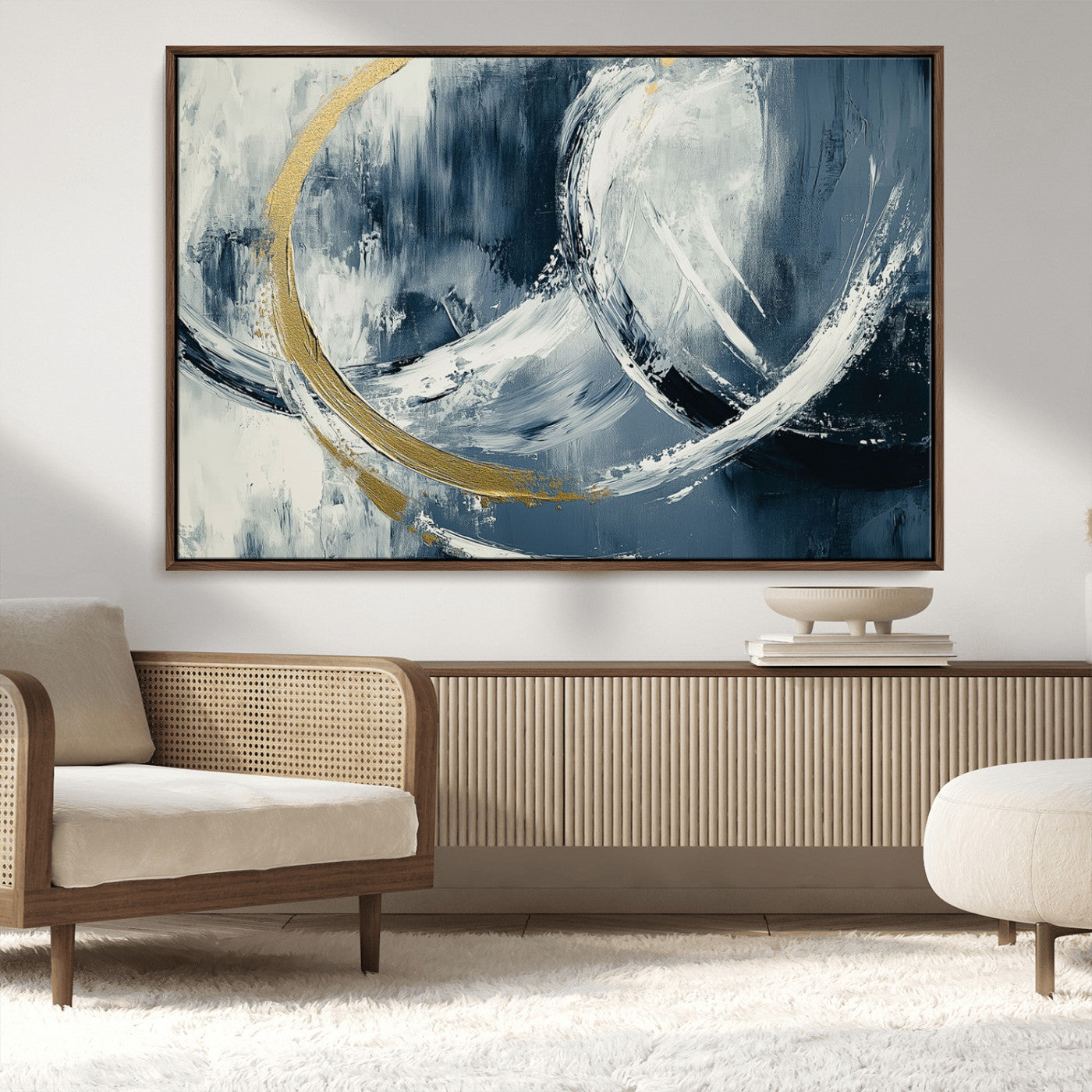 97295757-MGV-CV-36X24-Abstract Blue and Gold Wall Art – Modern Luxury Canvas Print, Navy White Brushstroke Painting, Contemporary Living Room Office