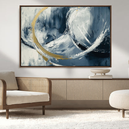 97295757-MGV-CV-36X24-Abstract Blue and Gold Wall Art – Modern Luxury Canvas Print, Navy White Brushstroke Painting, Contemporary Living Room Office