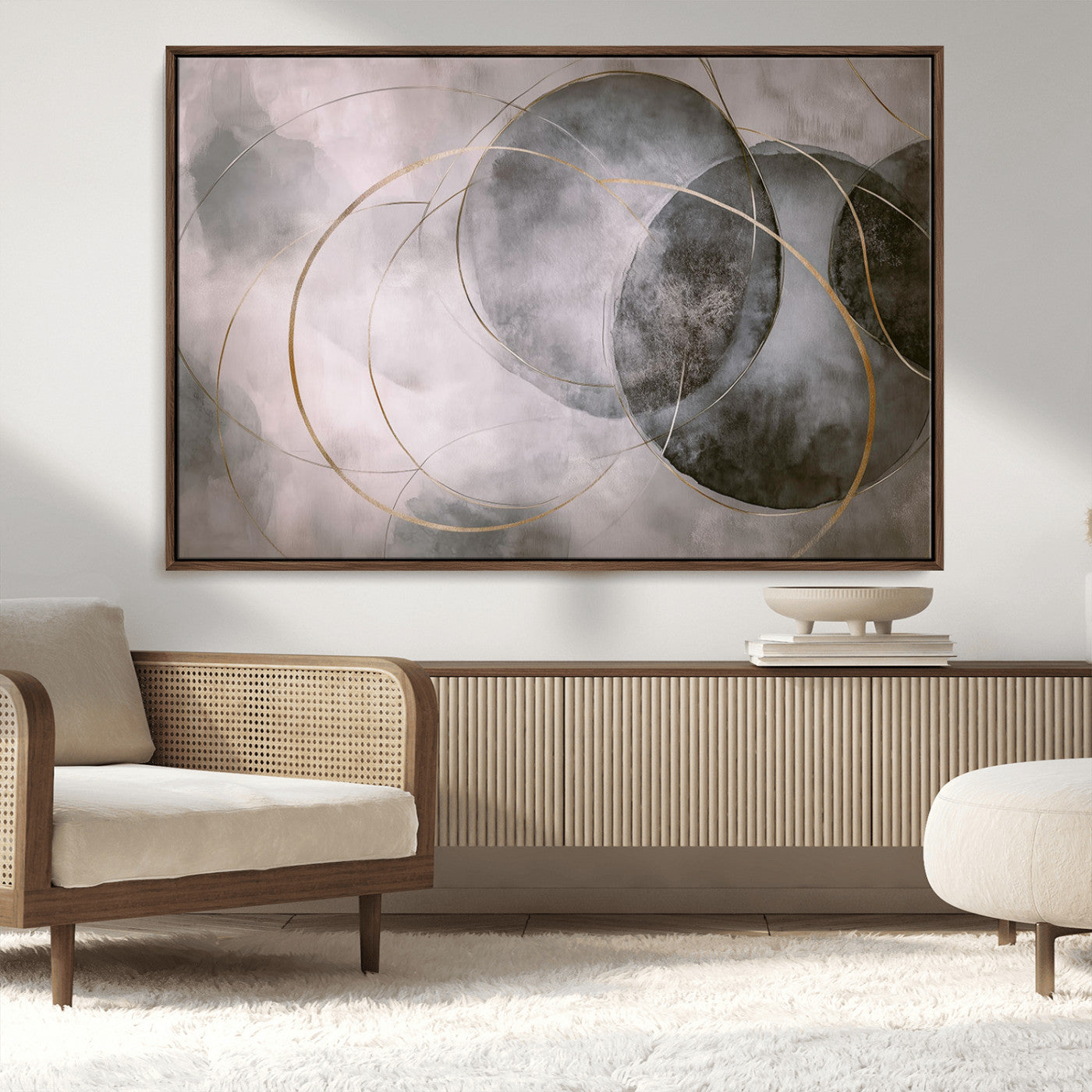 20066876-MGV-CV-36X24-Neutral Abstract Circle Wall Art – Modern Gray Beige Gold Canvas Print, Minimalist Geometric Painting for Bedroom, Living Room,