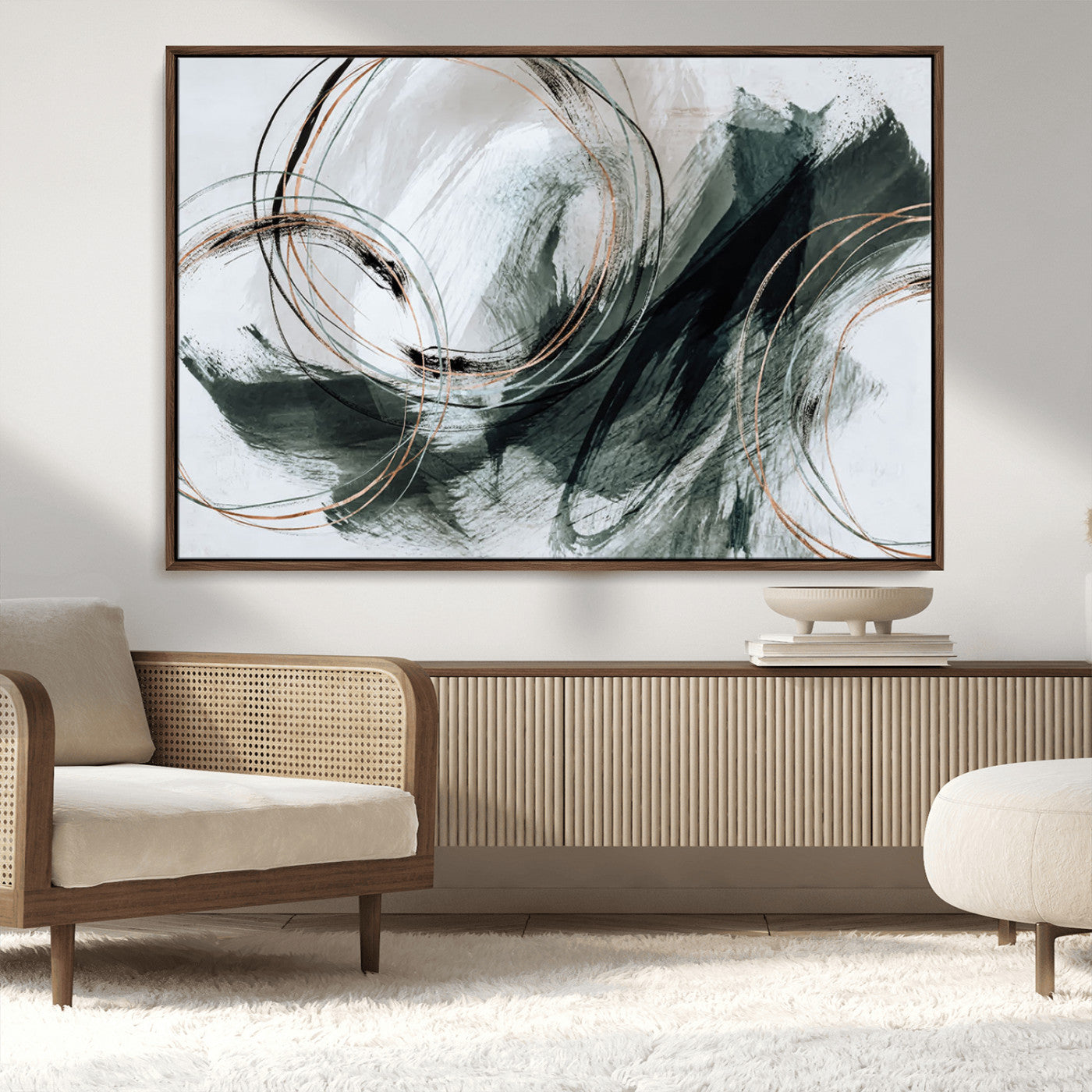 86583265-SEG-FC-90X60_Oversize_Oversize-Black and Gray Abstract Wall Art – Modern Copper Circle Canvas Print, Contemporary Minimalist Painting for Living Room, Bedroom,