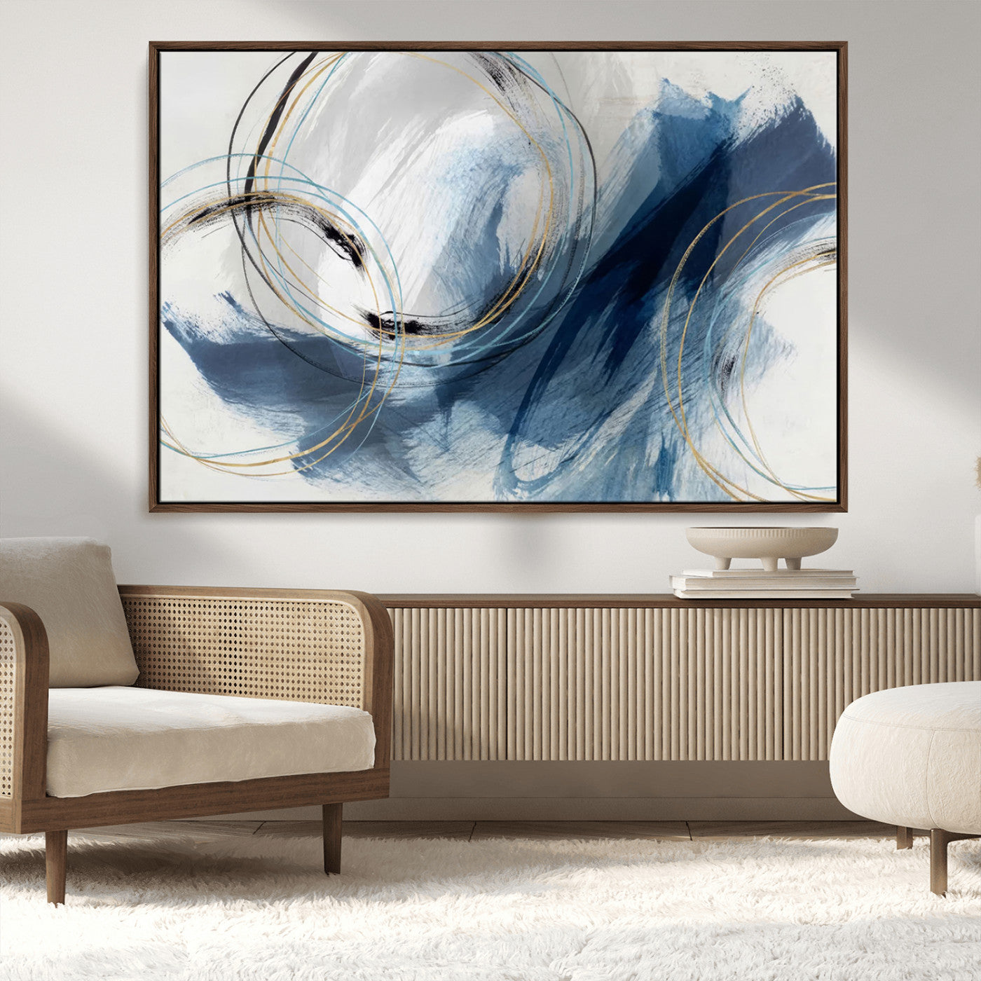 49589477-MGV-CV-36X24-Blue Abstract Wall Art – Modern Circle Canvas Print with Gold and Black Accents, Contemporary Fluid Brushstroke Painting for