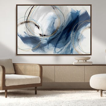 49589477-MGV-CV-36X24-Blue Abstract Wall Art – Modern Circle Canvas Print with Gold and Black Accents, Contemporary Fluid Brushstroke Painting for