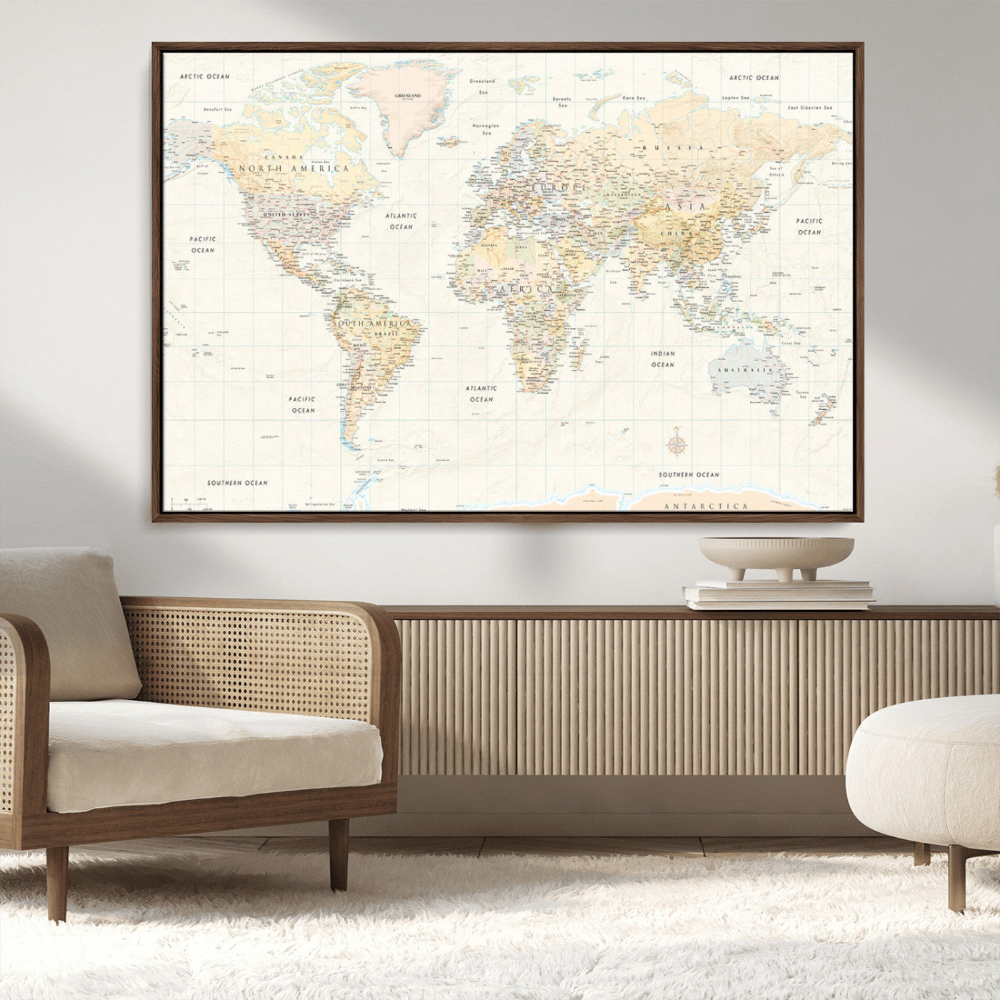 40660043-MGV-CV-36X24-World Map Wall Art – Large Detailed Atlas Style Map Print with Countries, Cities, and Oceans, Neutral Beige and Tan Educational