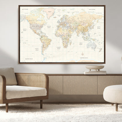 40660043-MGV-CV-36X24-World Map Wall Art – Large Detailed Atlas Style Map Print with Countries, Cities, and Oceans, Neutral Beige and Tan Educational