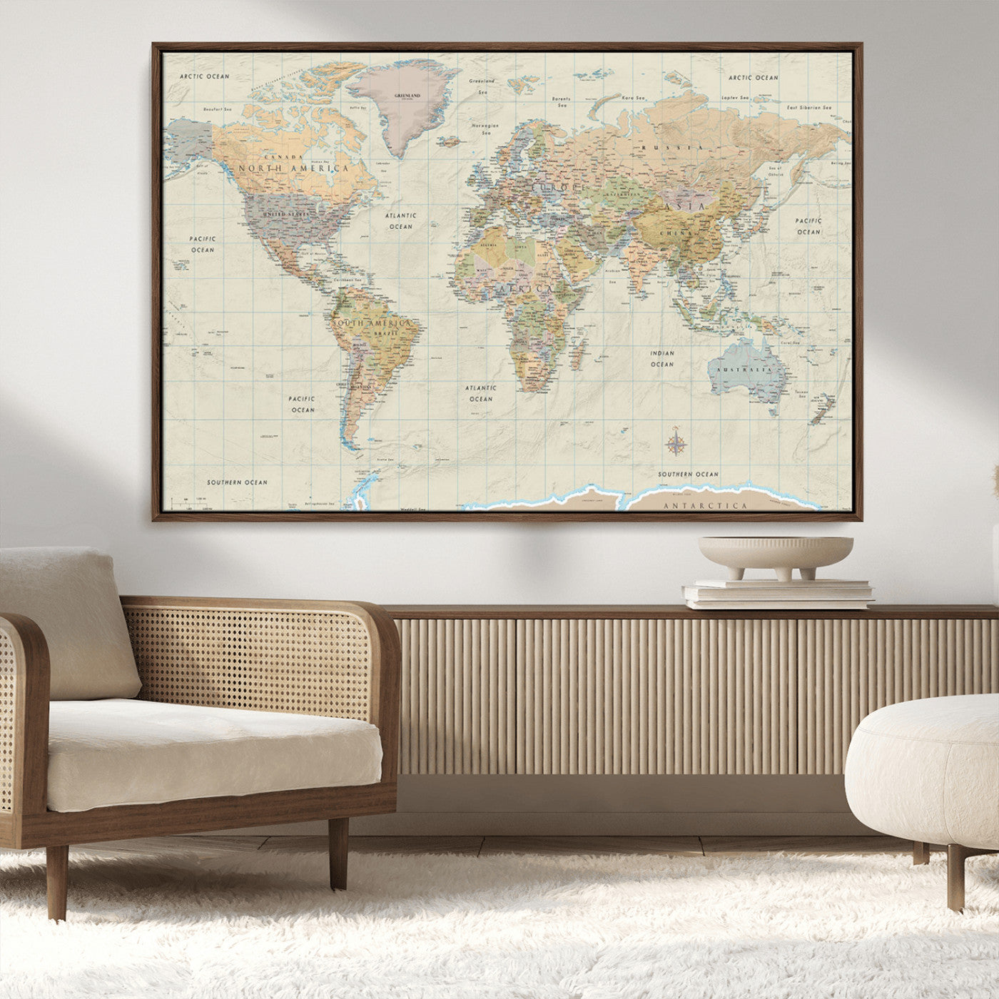 41929777-MGV-FC-36X24_Walnut-World Map Wall Art – Large Detailed Political Atlas Style Map Print with Countries, Cities, and Oceans, Warm Earth Tone