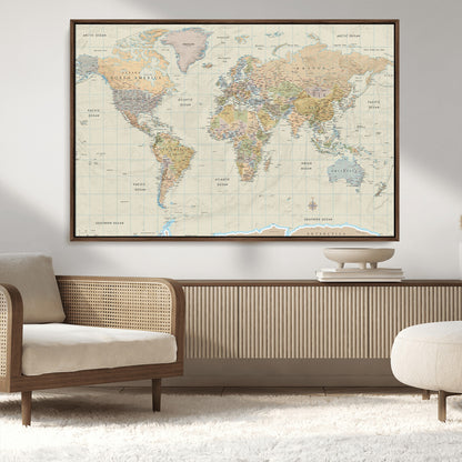 41929777-MGV-FC-36X24_Walnut-World Map Wall Art – Large Detailed Political Atlas Style Map Print with Countries, Cities, and Oceans, Warm Earth Tone