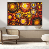 81120549-MGV-CV-36X24-Abstract Dot Painting Wall Art – Vibrant Tribal Boho Style Canvas Print with Sunburst Mandala Circles in Warm Red, Yellow, Orange