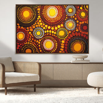 81120549-MGV-CV-36X24-Abstract Dot Painting Wall Art – Vibrant Tribal Boho Style Canvas Print with Sunburst Mandala Circles in Warm Red, Yellow, Orange