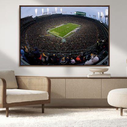 14387817-MGV-CV-36X24-Lambeau Field Stadium Wall Art – Green Bay Packers Game Day Canvas Print with Fireworks and Crowd – NFL Football Fan Man Cave