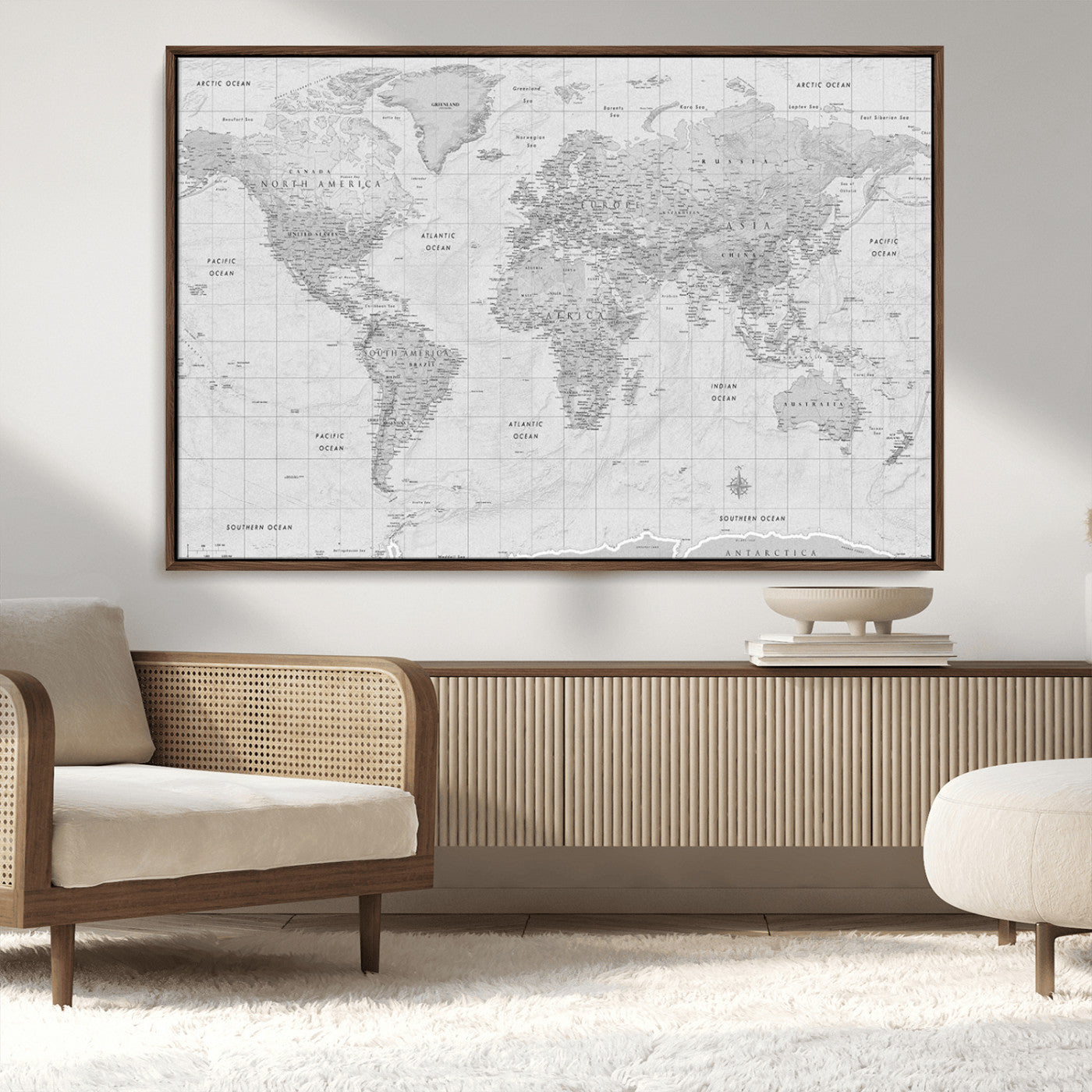 10516725-MGV-CV-36X24-Black and White World Map Wall Art – Minimalist Grayscale Canvas Print – Modern Detailed Travel Map Poster for Home, Office, or