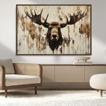 34496536-MGV-CV-36X24-Rustic Moose Wall Art – Modern Abstract Animal Canvas Print – Majestic Moose Head Painting with Neutral Earth Tones for Cabin,
