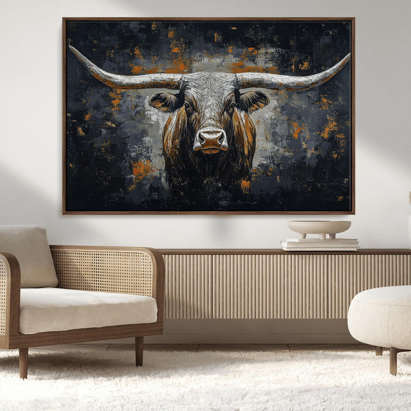 93195031-MGV-CV-36X24-Dark Longhorn Bull Wall Art – Western Steer Canvas Print, Moody Rustic Animal Painting for Man Cave, Ranch House, Office or Modern
