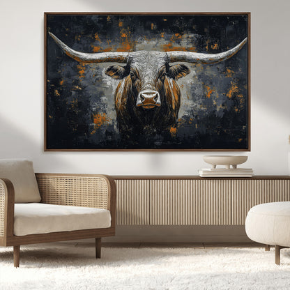 93195031-MGV-CV-36X24-Dark Longhorn Bull Wall Art – Western Steer Canvas Print, Moody Rustic Animal Painting for Man Cave, Ranch House, Office or Modern