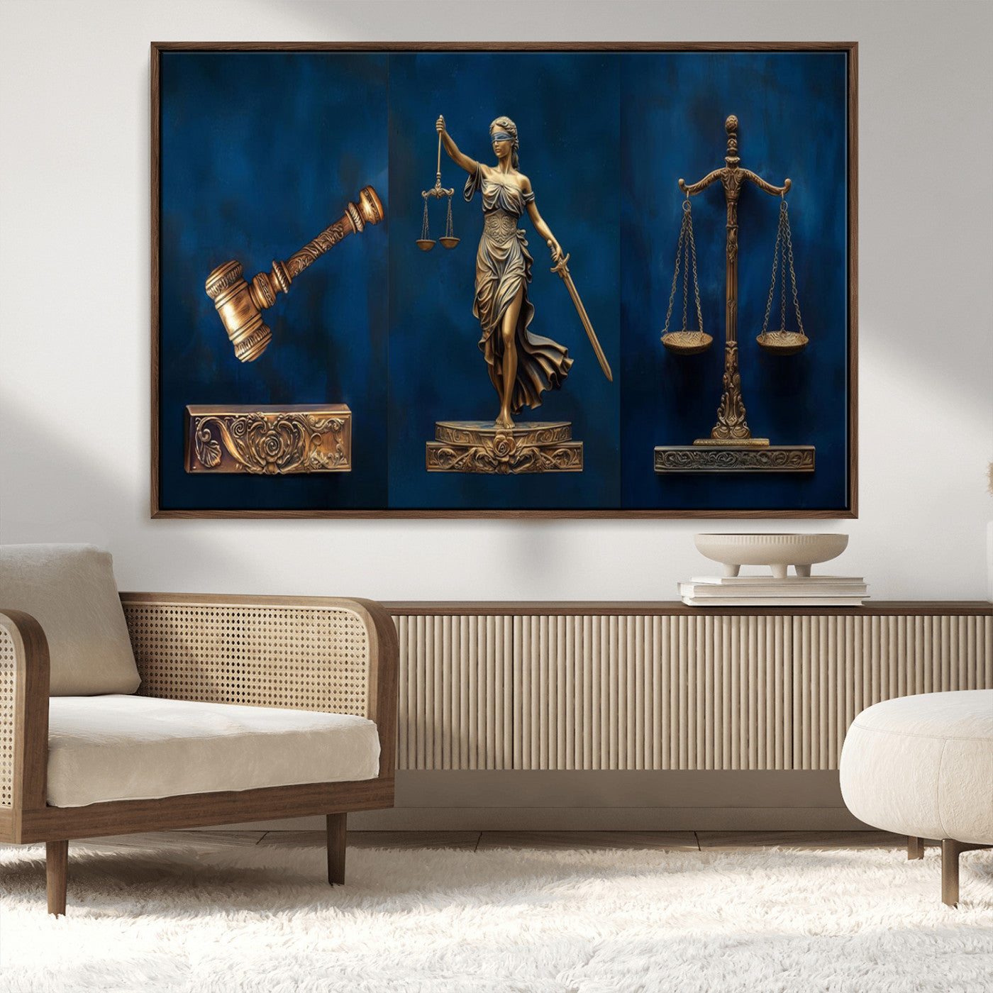 91629053-MGV-FC-36X24_Walnut-Lady Justice Wall Art – Golden Gavel and Scales Canvas Print, Elegant Legal Office Decor for Lawyers, Judges, Courtroom or Study