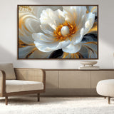 39604126-MGV-CV-36X24-Abstract Flower Wall Art – Elegant White and Gold Bloom Canvas Print, Modern Floral Artwork for Bedroom, Living Room, or Office