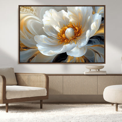 39604126-MGV-CV-36X24-Abstract Flower Wall Art – Elegant White and Gold Bloom Canvas Print, Modern Floral Artwork for Bedroom, Living Room, or Office
