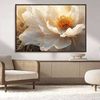 29539087-MGV-CV-36X24-Floral Wall Art – Elegant White and Gold Bloom Canvas Print, Romantic Modern Flower Artwork for Bedroom, Living Room, or Office