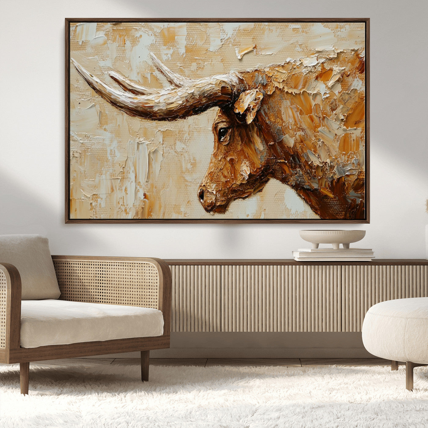 69611428-MGV-CV-36X24-Longhorn Bull Wall Art – Rustic Western Canvas Print, Textured Farmhouse Cattle Painting for Living Room, Office, or Ranch House